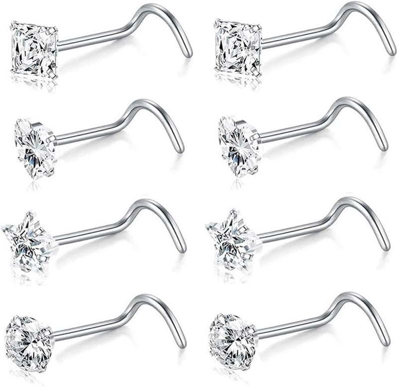SEEDRILL 8Pcs 20G Nose Rings studs for Woman Hypoallergenic Nose Studs 316L Surgical Steel with Gold Plated Nose Piercings Jewelry 3mm CZ L Shape Nose Rings 20 Gauge Nose Stud Nose Screw Studs - Image 1